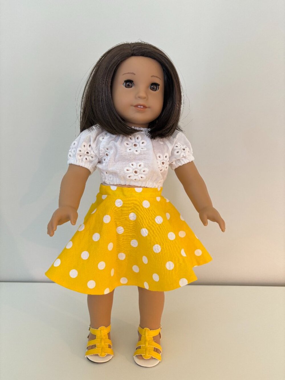 Yellow Polka Dot Skirt & White Top with Yellow Sandals for 18" Dolls